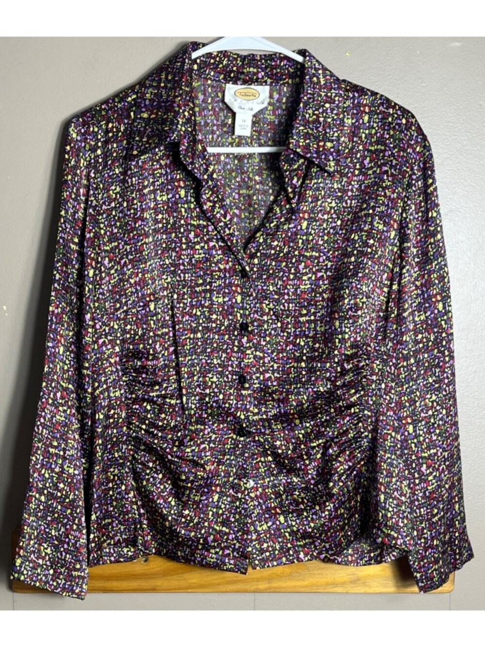 Talbots Silk Abstract Mosaic Blouse Button Colorful Ruched Glam Night Out Wm 14P - Picture 9 of 9